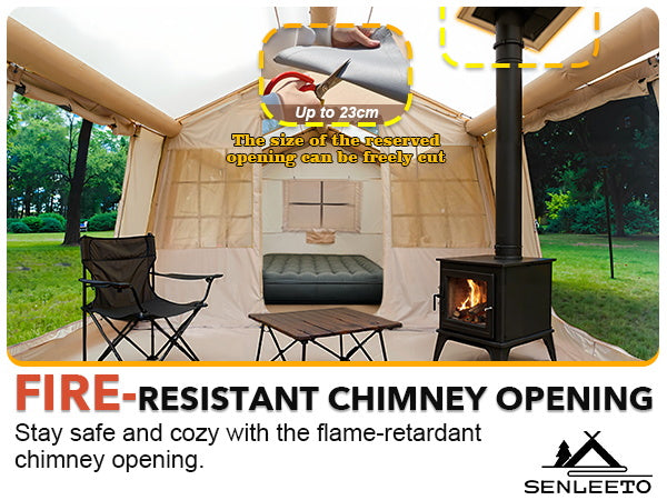 Senleeto tent with a fire-resistant stove jack for winter heating.