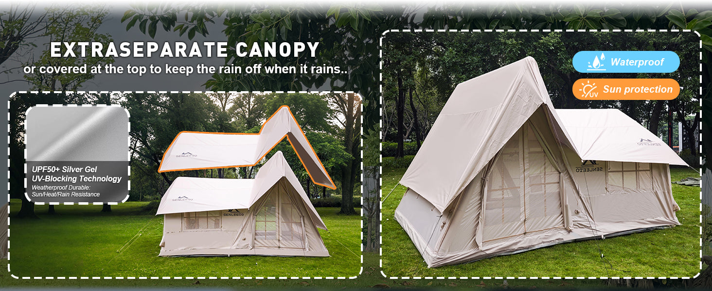 Senleeto inflatable tent with extra separate canopy. UPF50+ Silver Gel technology for sun, heat, and rain protection.