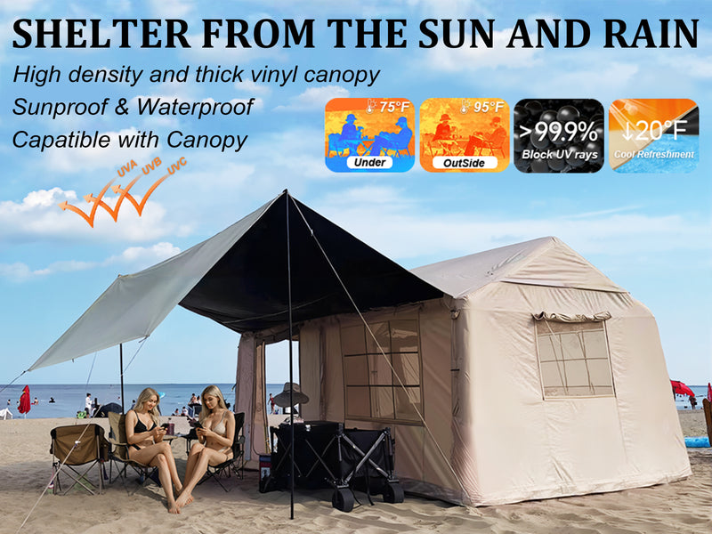 Senleeto tent canopy providing UV protection and cooling shade at the beach.