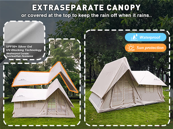 Senleeto inflatable tent: extra canopy with UPF50+ Silver Gel UV-blocking for waterproof and sun protection.