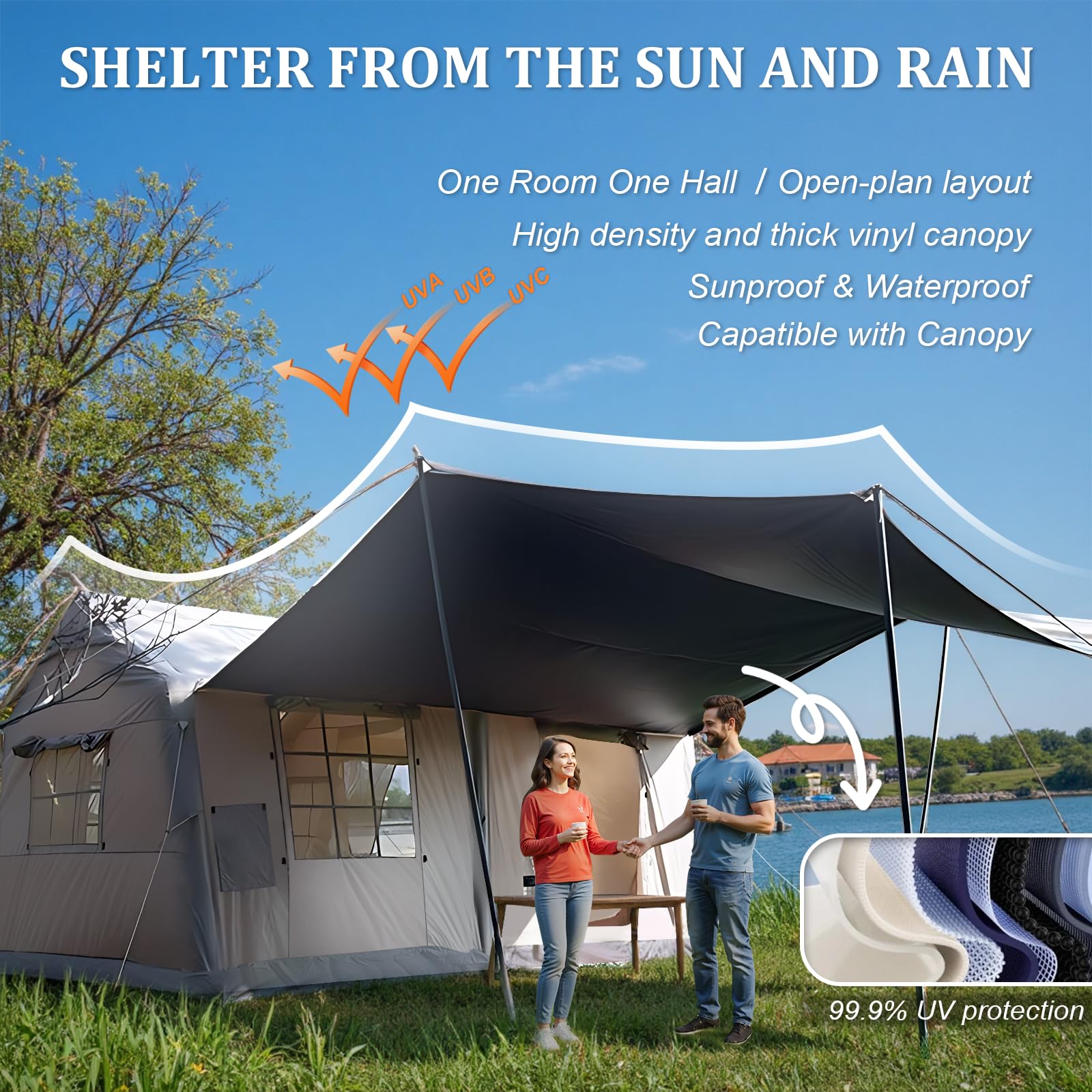 Couple under Senleeto tent's thick vinyl canopy, featuring 99.9% UV protection and waterproof shelter.