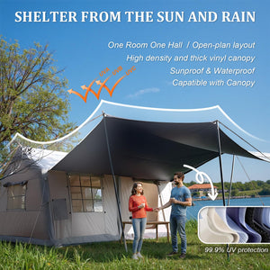 Couple under Senleeto tent's thick vinyl canopy, featuring 99.9% UV protection and waterproof shelter.