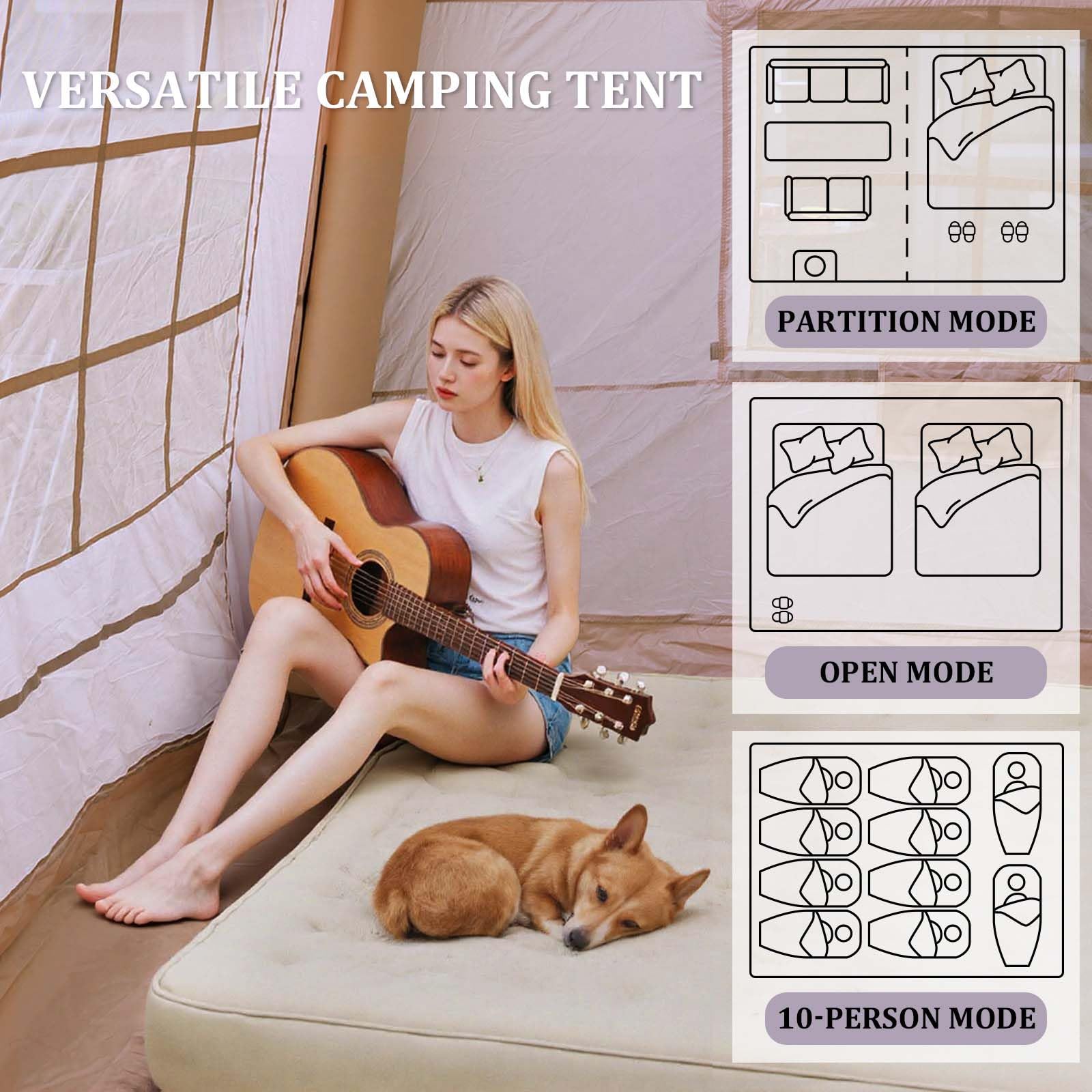 Senleeto inflatable tent floor plans: shows partition mode, open mode, and 10-person sleeping layout.