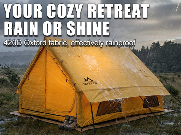 Rainproof Senleeto inflatable camping tent. 420D Oxford fabric withstands outdoor storms while the inside stays dry.