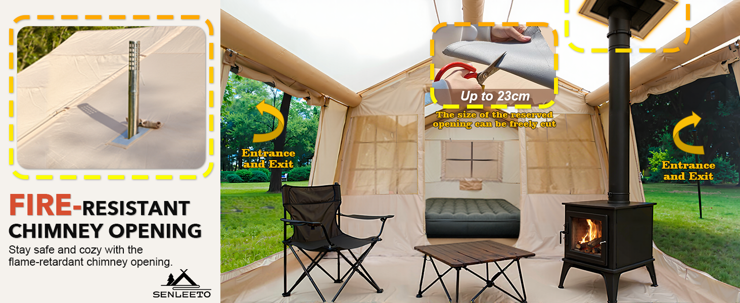 Fire-resistant chimney opening on the Senleeto tent, safely accommodating a wood stove for cozy winter glamping.