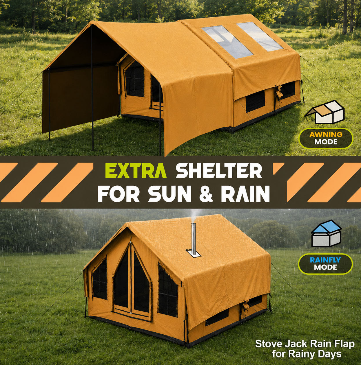  Senleeto yellow inflatable cabin tent extension canopy in awning mode and rainfly mode with a stove jack rain flap.