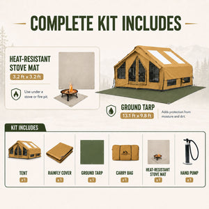 Senleeto yellow inflatable cabin tent Complete Kit with rainfly, ground tarp, heat-resistant stove mat, carry bag and pump.