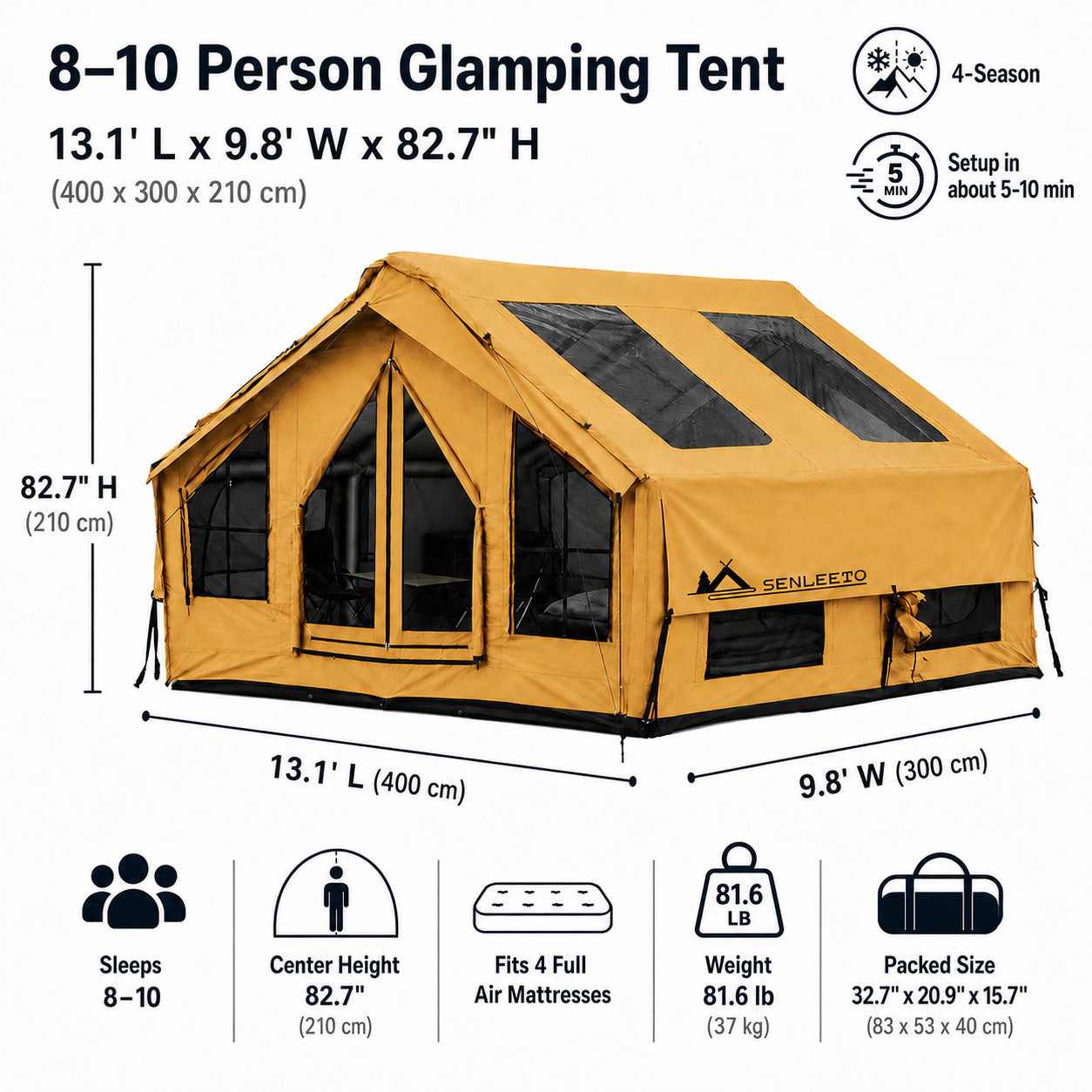 Senleeto yellow 8-10 person inflatable cabin tent specs: 13.1 x 9.8 ft floor, 82.7 in height, 81.6 lb weight.