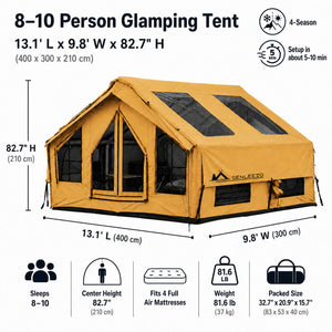 Senleeto yellow 8-10 person inflatable cabin tent specs: 13.1 x 9.8 ft floor, 82.7 in height, 81.6 lb weight.