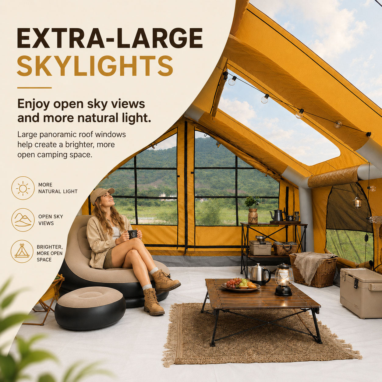 Senleeto yellow inflatable cabin tent interior with extra-large roof skylights for natural light and open sky views.