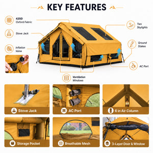 Senleeto yellow inflatable cabin tent feature overview with 420D Oxford fabric, two skylights, stove jack and AC port.