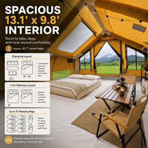 Senleeto inflatable cabin tent spacious interior, 13.1 x 9.8 ft floor with glamping layout and room to sleep up to 10.