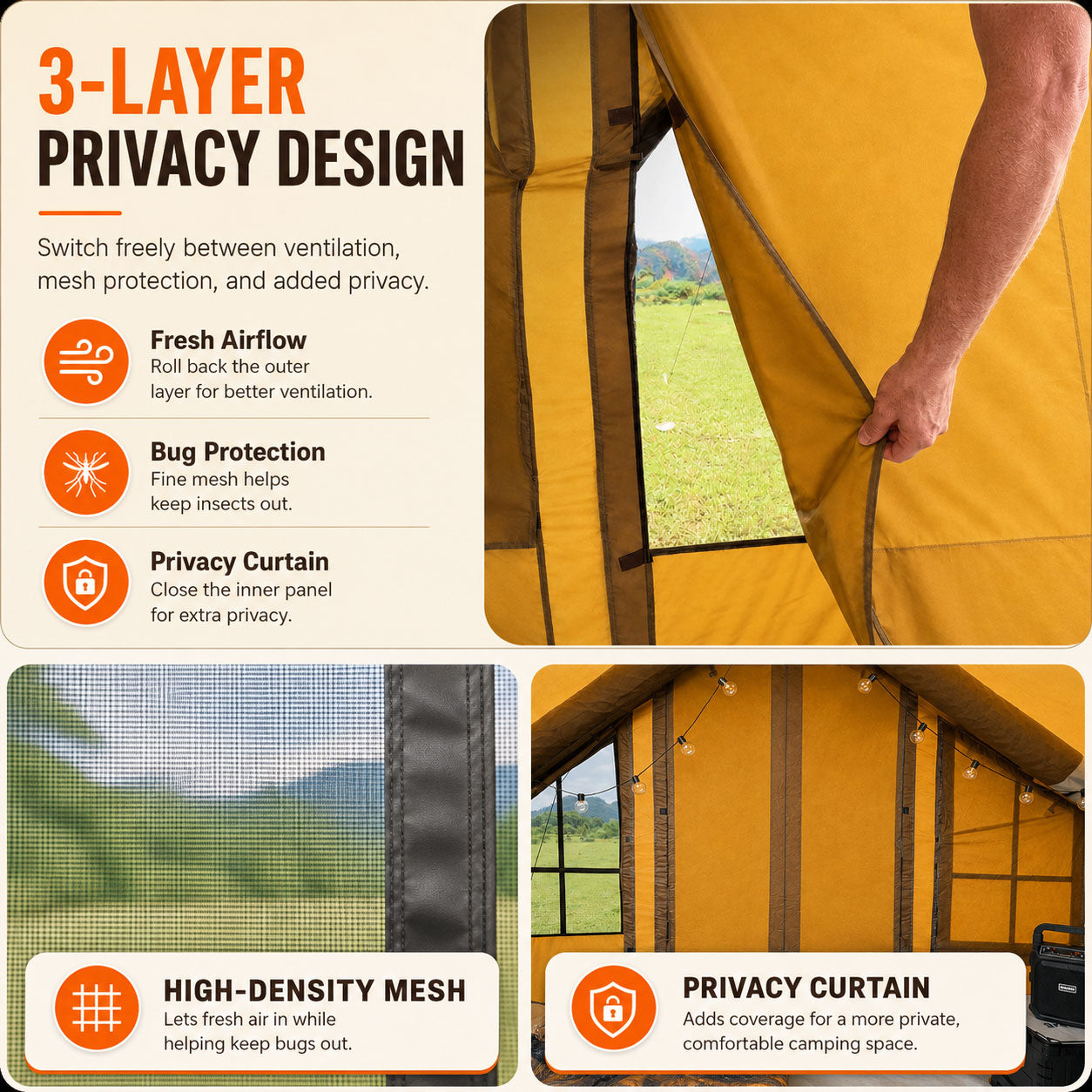 Senleeto yellow inflatable cabin tent 3-layer door with fresh airflow, high-density bug mesh and a privacy curtain.