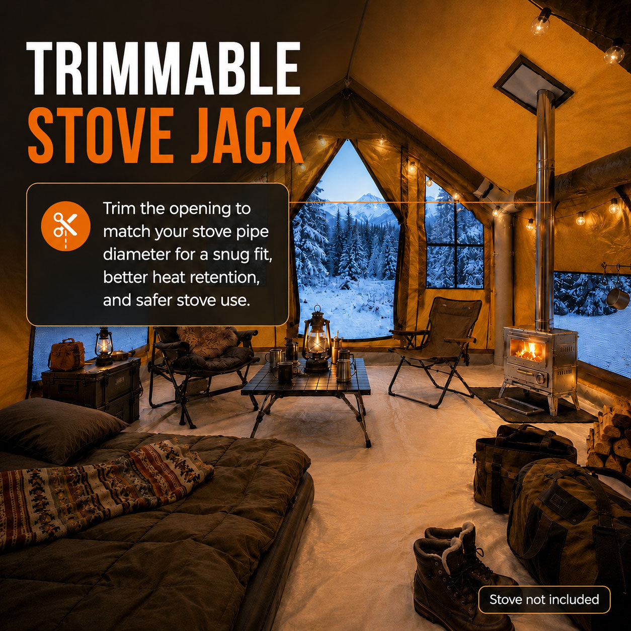 Senleeto yellow inflatable cabin tent with a heat-ready trimmable stove jack and a wood stove for winter camping.