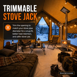 Senleeto yellow inflatable cabin tent with a heat-ready trimmable stove jack and a wood stove for winter camping.