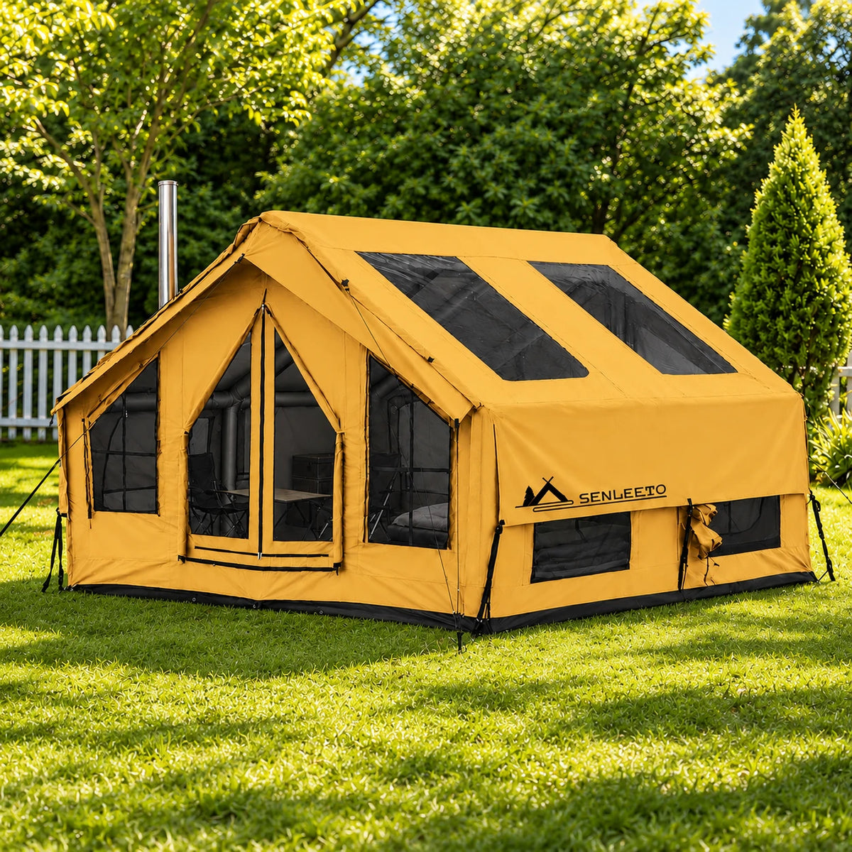 Senleeto yellow inflatable cabin tent with roof skylights and mesh windows on a sunlit garden lawn