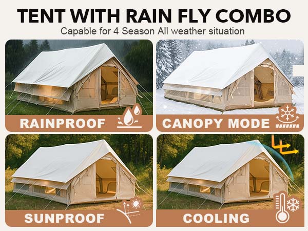 Senleeto 4-season tent with rain fly. Silver-coated for $20^{\circ}\text{F}$ cooling, rainproof, and snowproof protection.