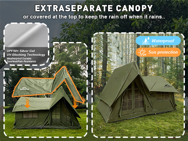 Extra separate canopy technology: UPF 50+ silver gel UV-blocking coating for sun, heat, and torrential rain resistance.