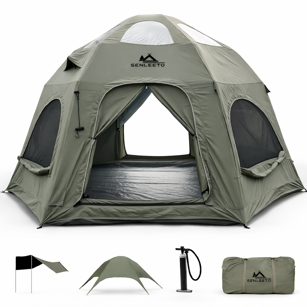 Green Senleeto Halo Dome inflatable tent made of durable Oxford fabric. Great tactical air tent for glamping.
