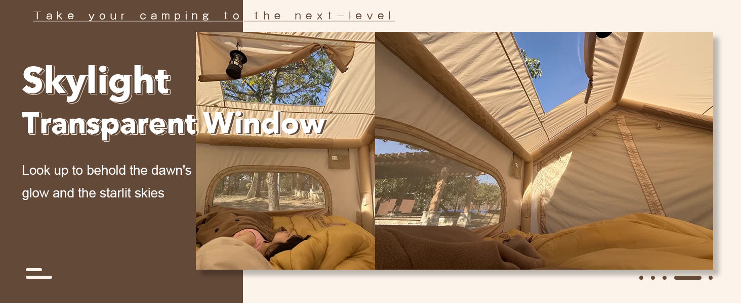 Senleeto inflatable tent: transparent skylight window for stargazing, dawn views, and premium glamping comfort.