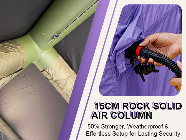 Attaching a pump hose to the Senleeto tent's thick 15cm air columns, ensuring a strong and weatherproof frame.