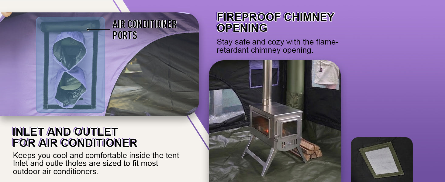 Senleeto tent features: dual AC inlet/outlet ports and a fireproof chimney opening with a wood stove for all-season glamping.
