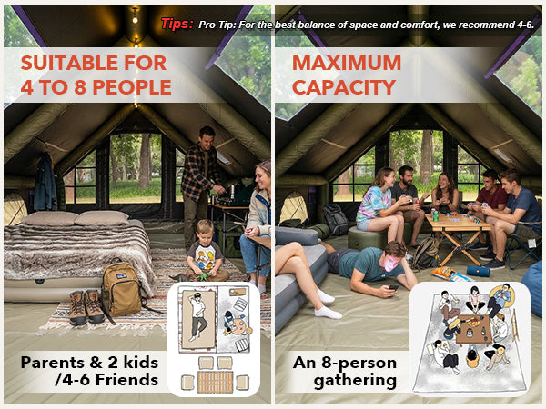 Spacious Senleeto inflatable tent interior layouts showing optimum allocation for families and maximum 8-person capacity.