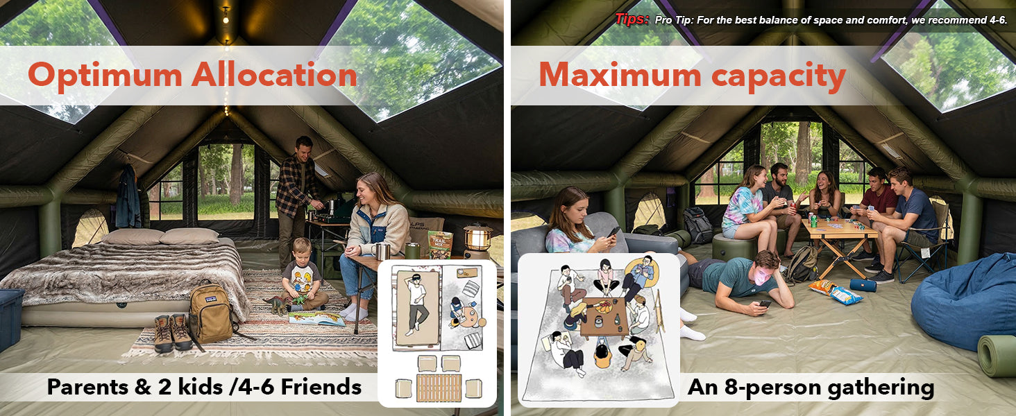 Comparison of Senleeto tent interior capacity, showing a 4-6 person family setup versus an 8-person group gathering.
