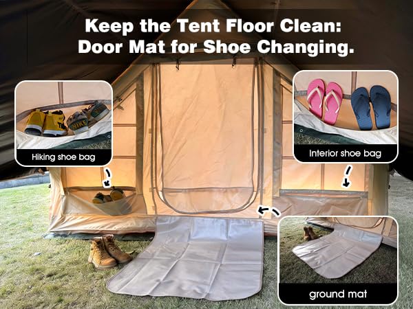 Senleeto tent entrance showing a clean floor mat and convenient shoe storage bags to keep interior clean.