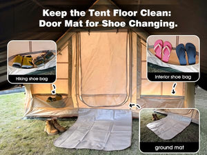 Senleeto tent entrance showing a clean floor mat and convenient shoe storage bags to keep interior clean.