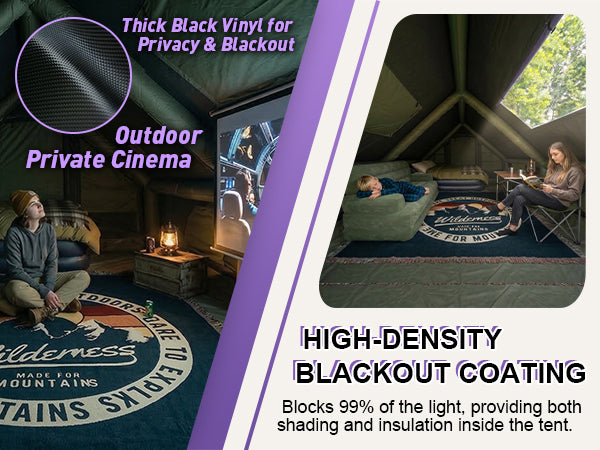 Senleeto blackout inflatable tent blocking 99% of light, creating a dark interior for daytime movies.