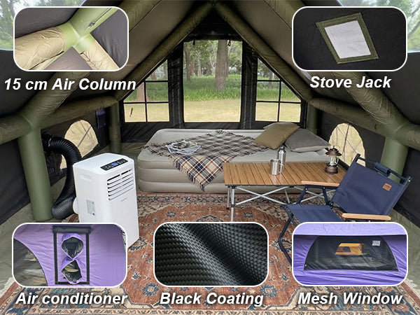 Inside the Senleeto inflatable cabin tent, highlighting four-season features like the AC and stove ports.