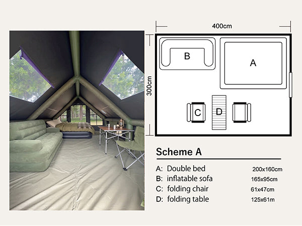 Spacious interior layout schemes A and B for the Senleeto inflatable tent, featuring floor plans with beds and sofas.