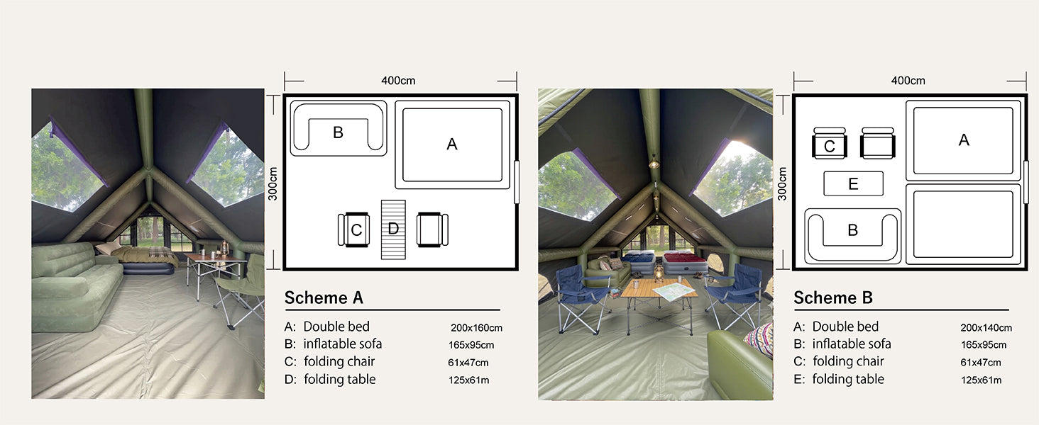 Interior layout options for the Senleeto inflatable tent, showing floor plans fitting one or two double beds with sofas.
