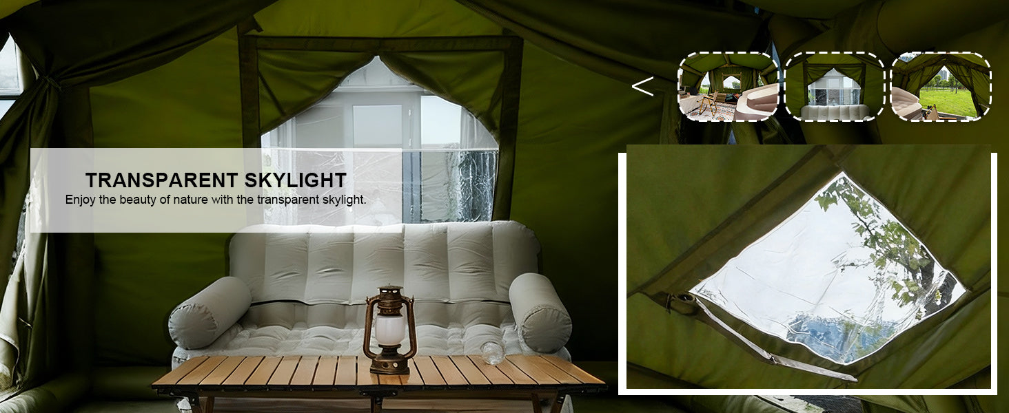 Transparent skylight feature: Enjoy nature and stargazing from the cozy interior of the inflatable cabin tent.