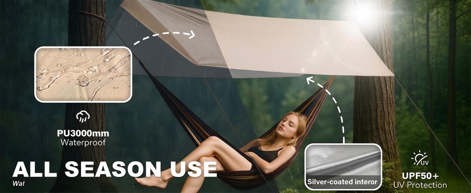 Senleeto waterproof hammock tarp: PU3000mm rating, UPF50+ UV protection, and heat-insulating silver-coated interior.