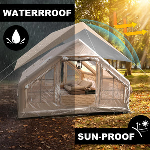 Waterproof and sun-proof rainfly on Senleeto heavy-duty inflatable tent. Weather resistant.