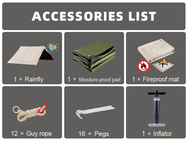 Senleeto tent kit: 1 inflatable tent, rainfly, moisture-proof pad, fireproof mat, 12 ropes, 16 pegs, and hand pump.