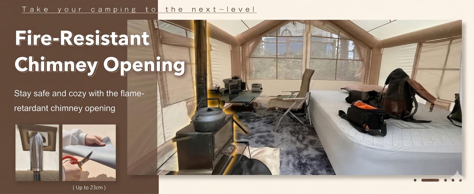 Safe fire-resistant chimney opening for Senleeto tent: adjustable 23cm stove jack for cozy winter glamping adventures.