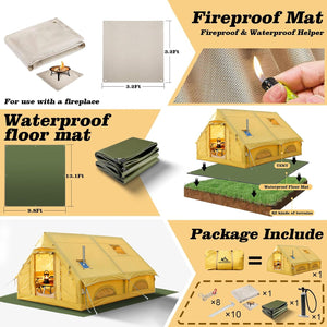 Infographic of a yellow hot tent kit with a 3.2 ft fireproof mat, 9.8 x 13.1 ft waterproof groundsheet, stakes, ropes and pump.